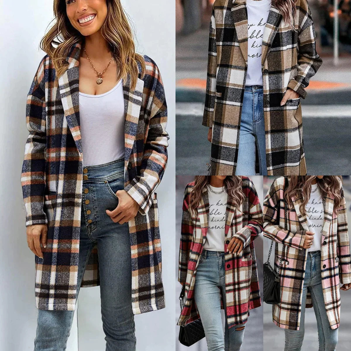 Women's plaid mid length coat with pockets