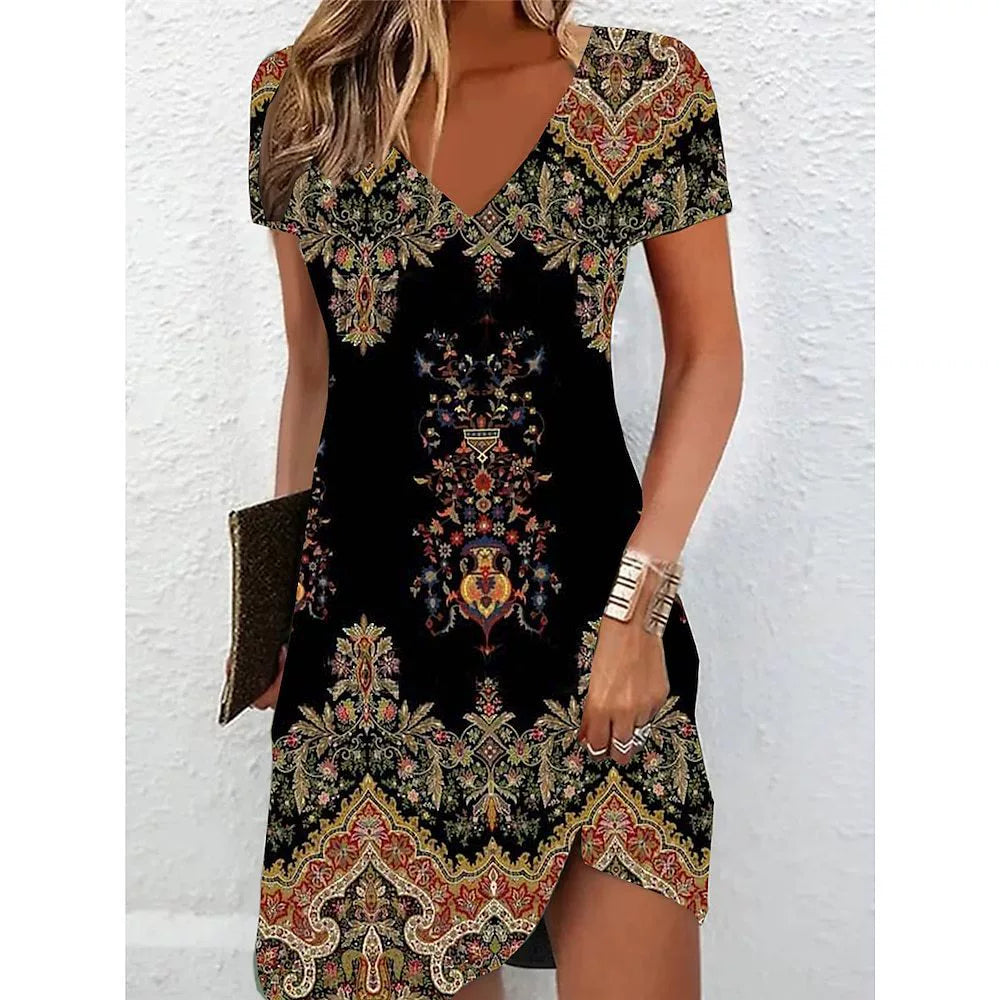 Women's V-Neck Dress - Short Sleeve - Elegant Floral Print - Relaxed Fit