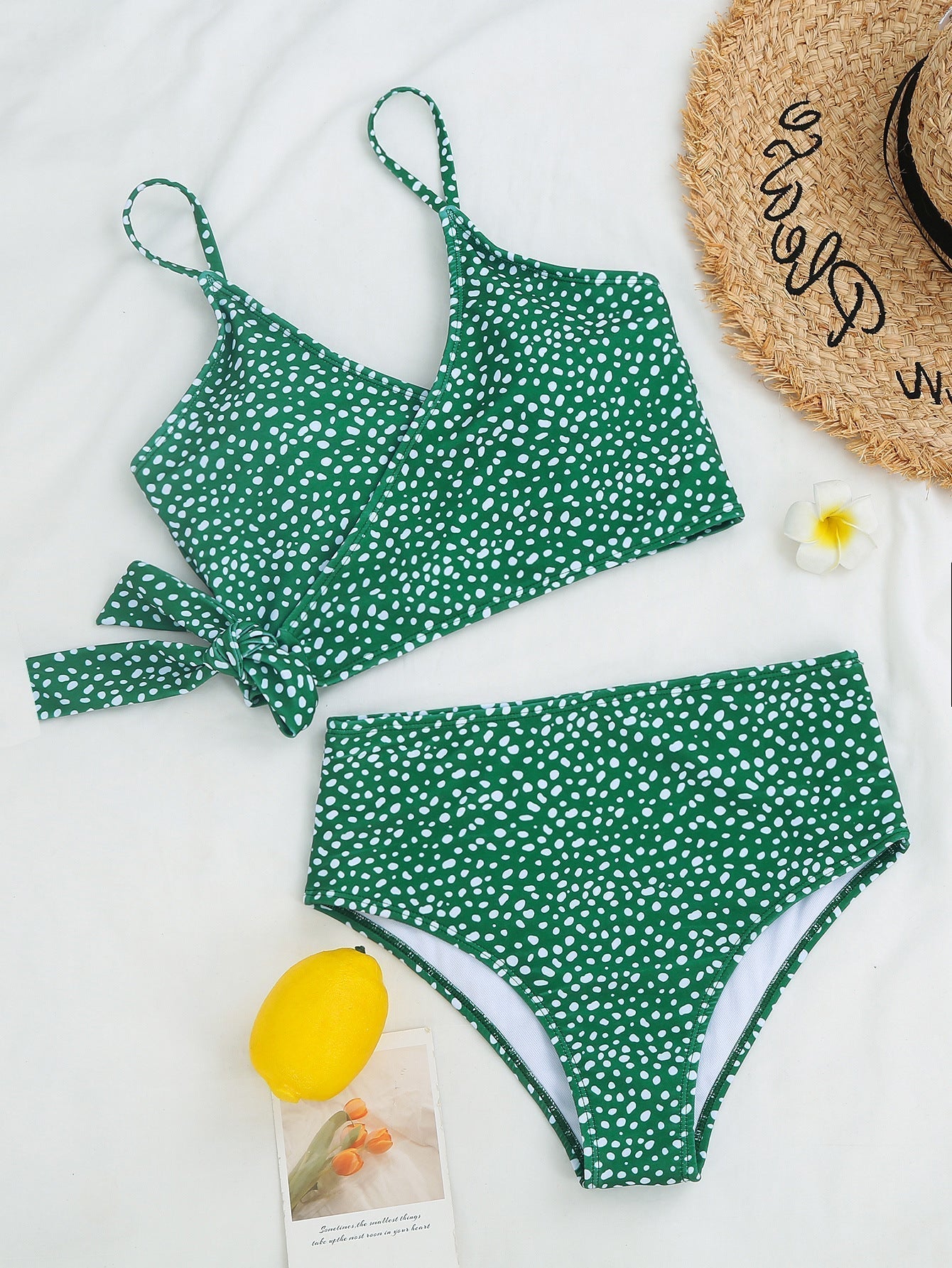 Women's Bikini Set - Wrap Top with Tie Front - High-Waisted Retro Fit - Polka Dot Pattern