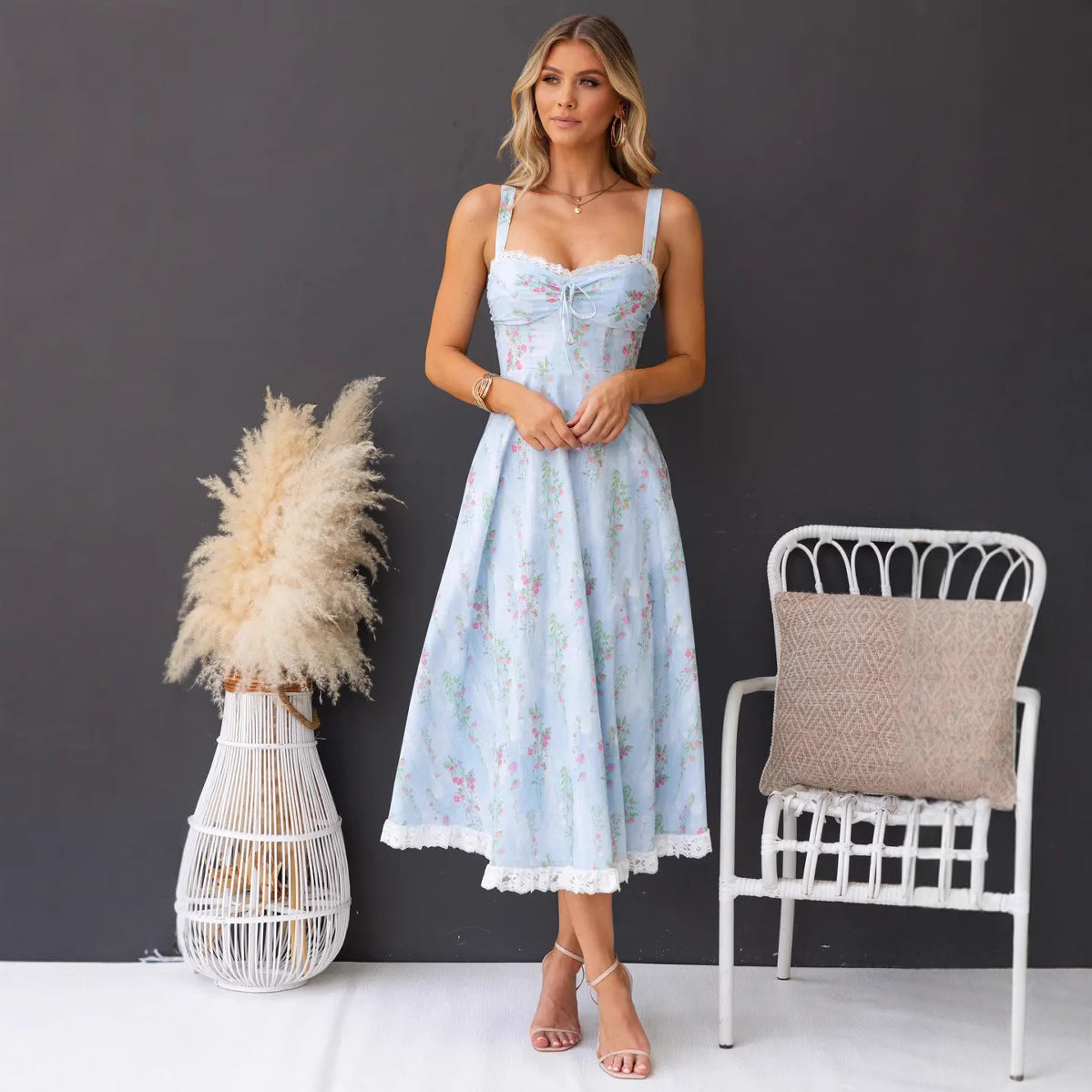 Floral Print Lace Trim Midi Dress