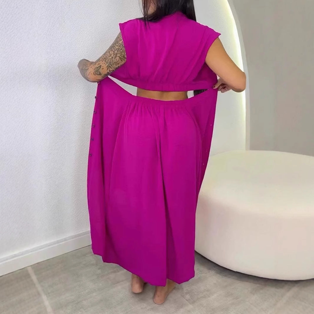 Women’s Midi Dress – Slim Fit – Cut-Out Waist – Button Front – Stand Collar