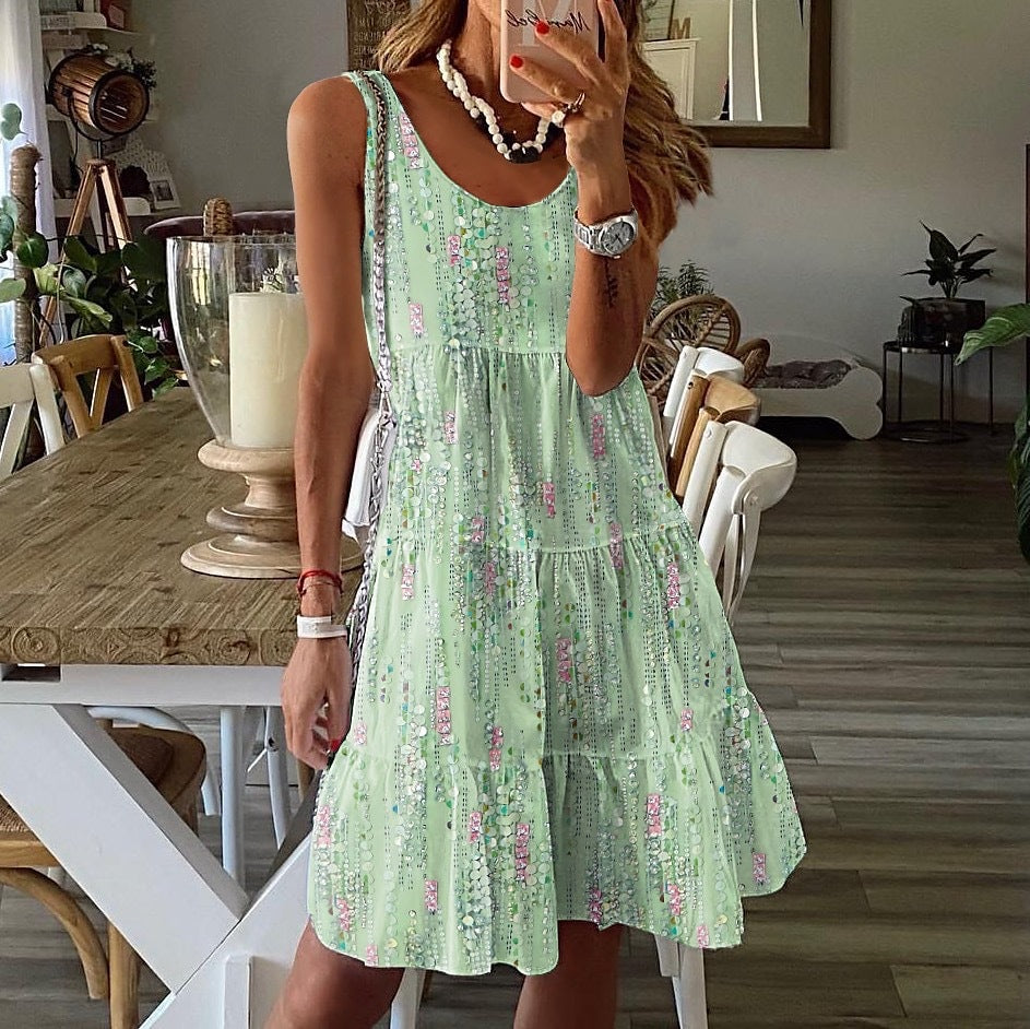 Women’s Mini Dress – Relaxed Fit – Tiered Flowy Silhouette – Sleeveless Scoop Neck – Lightweight Cotton