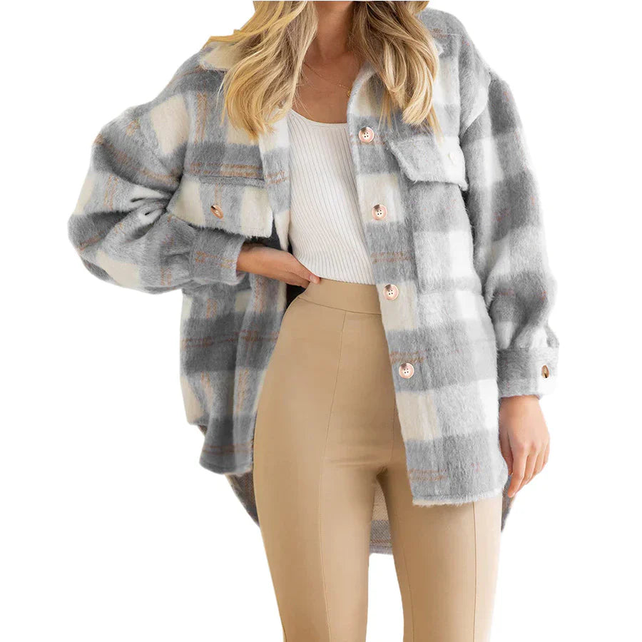 Plaid Mohair Blend Long Sleeve Coat