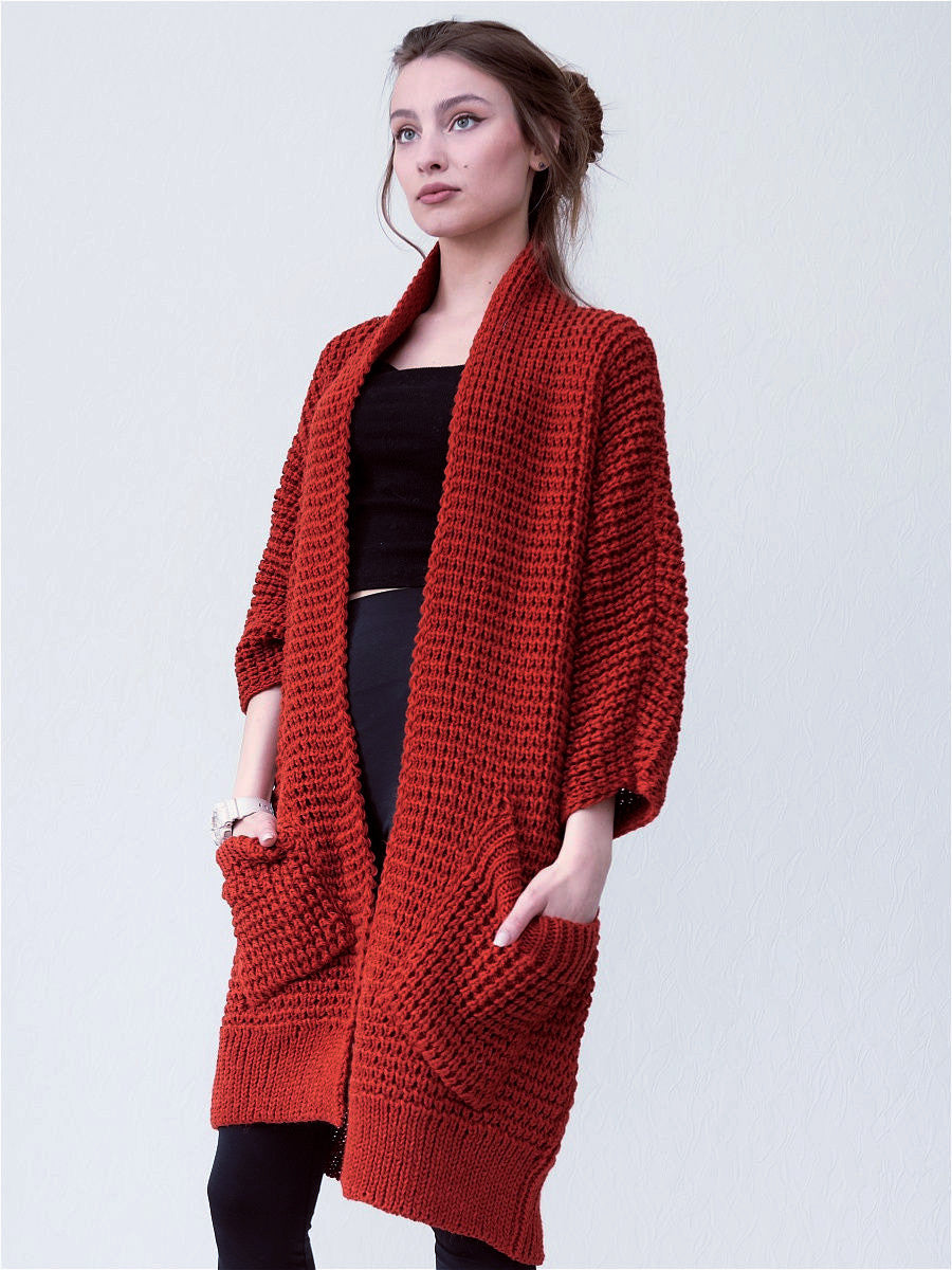 Women’s Knitted Coat – Oversized Fit – Chunky Wool Blend – Open Front – Patch Pockets