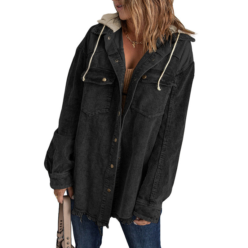 Women’s Hooded Jacket – Corduroy – Oversized Fit – Button Front – Frayed Hem Casual