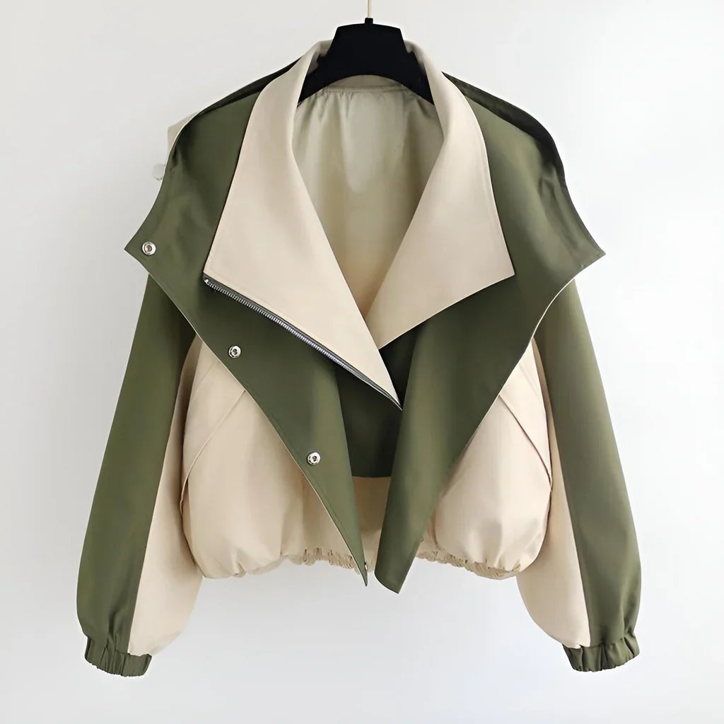 Women’s Short Jacket – Oversized Relaxed Fit – Two-Tone – Blouson Hem – Wide Lapel