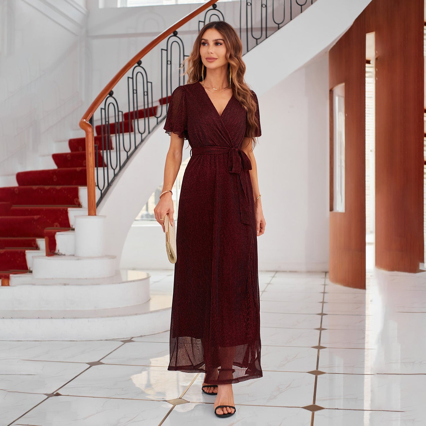 Women’s Maxi Dress – Wrap Style – V-Neck – Tie Waist – Flutter Sleeve – Side Slit