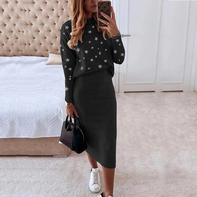 Women’s Two-Piece Set – Knit High Neck Top with Stars – Slim Fit Midi Skirt