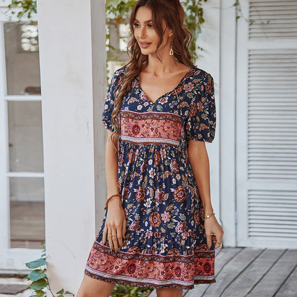 Women’s A-Line Mini Dress – 100% Cotton – V-Neck Tie – Puff Sleeve – Floral Tiered