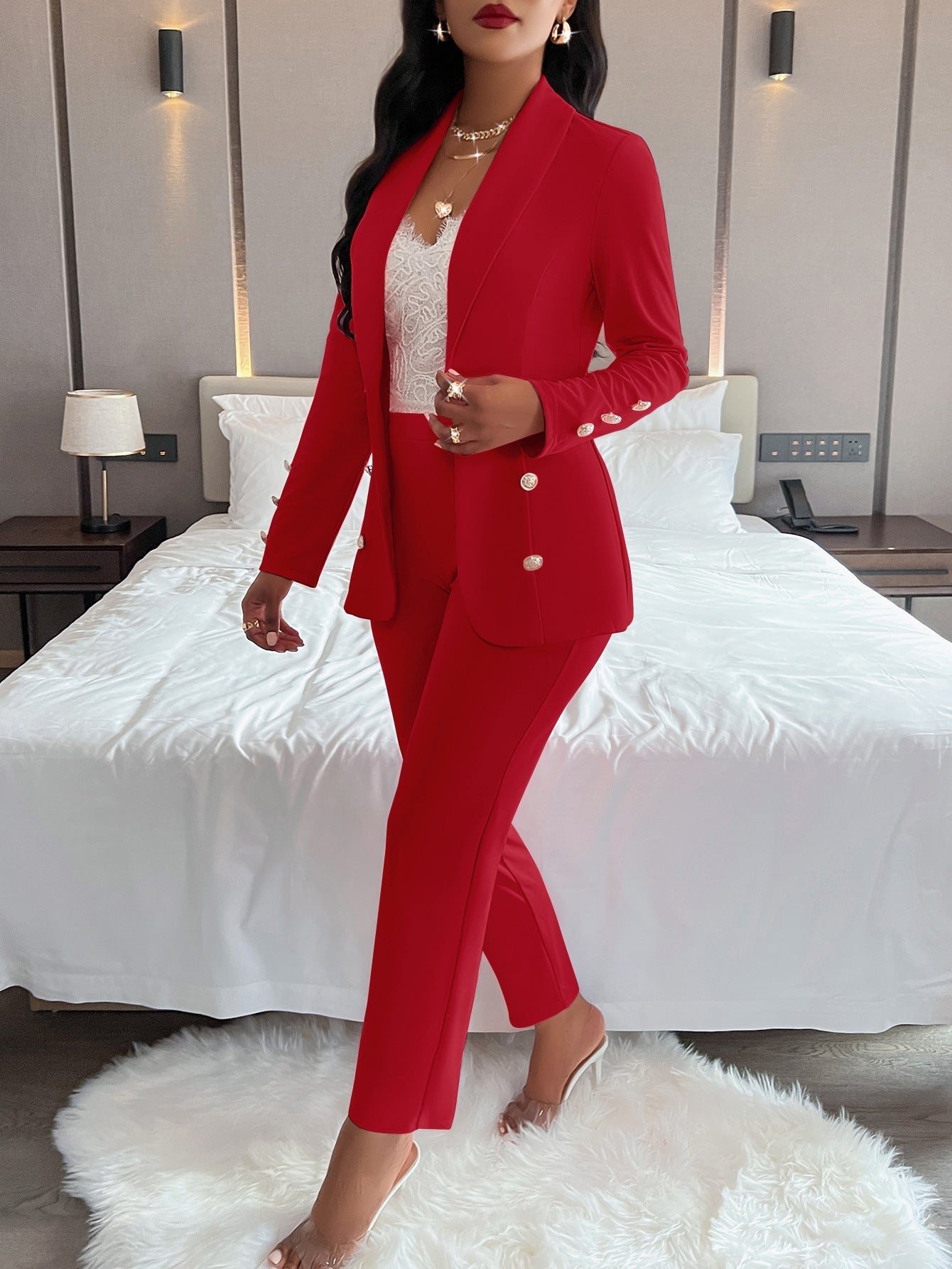 Women's double-breasted casual suit set with long sleeves