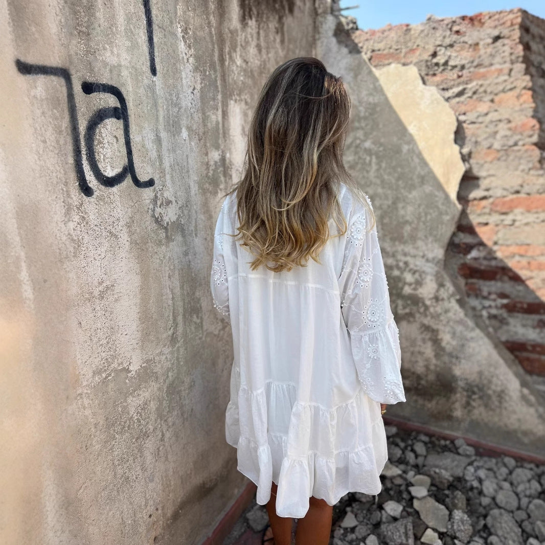 Embroidered Eyelet Lace Loose Fit Cotton Dress