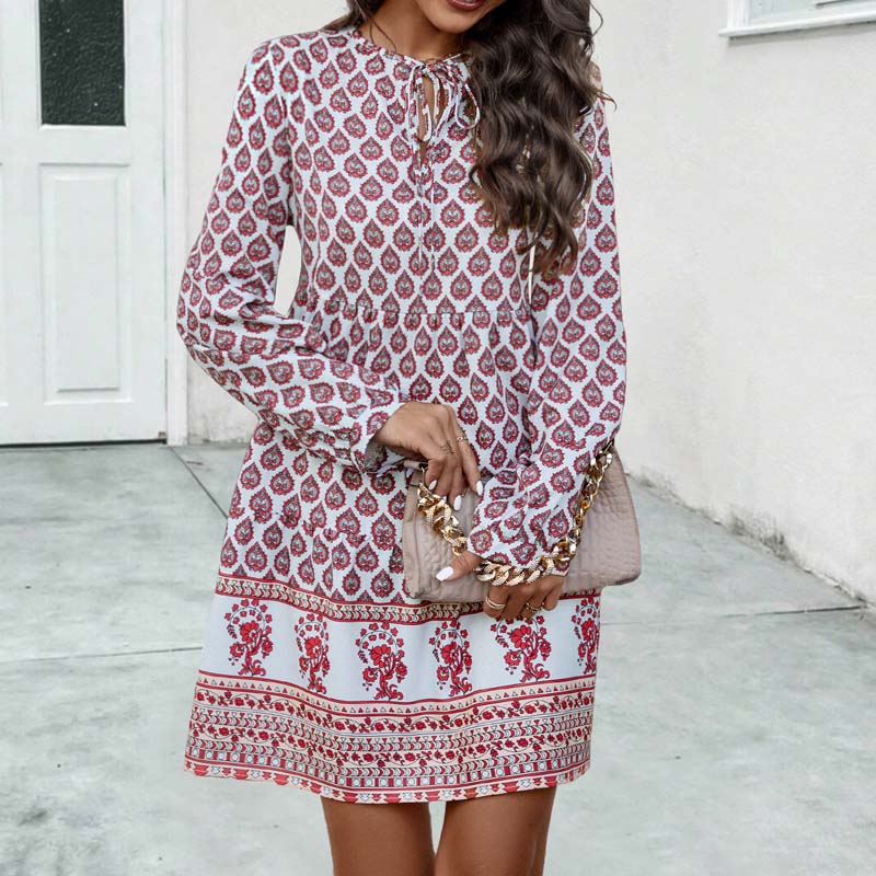 Women's Boho Midi Dress - Lightweight Flowy Fit - Long Sleeve Vintage Style