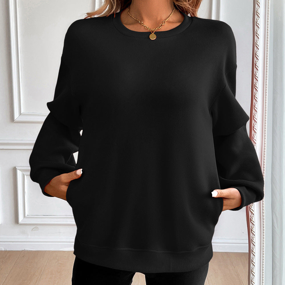 Women’s Sweatshirt – Loose Fit – Cotton Blend – Round Neck – Long Sleeve with Pockets