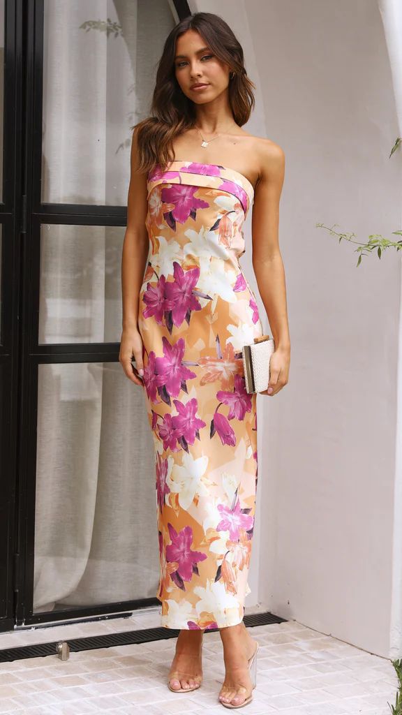 Women’s Strapless Maxi Dress – Satin Floral Print – Fitted Formal Evening Gown
