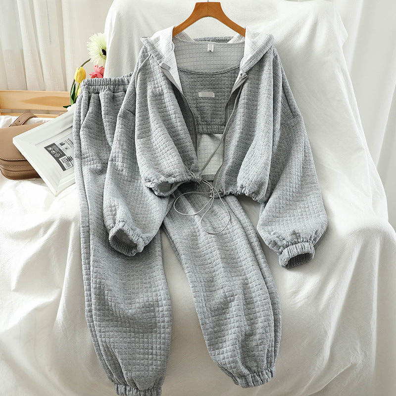 Women’s Tracksuit Set – Waffle Texture – Cropped Hooded Jacket – Loose Fit Joggers