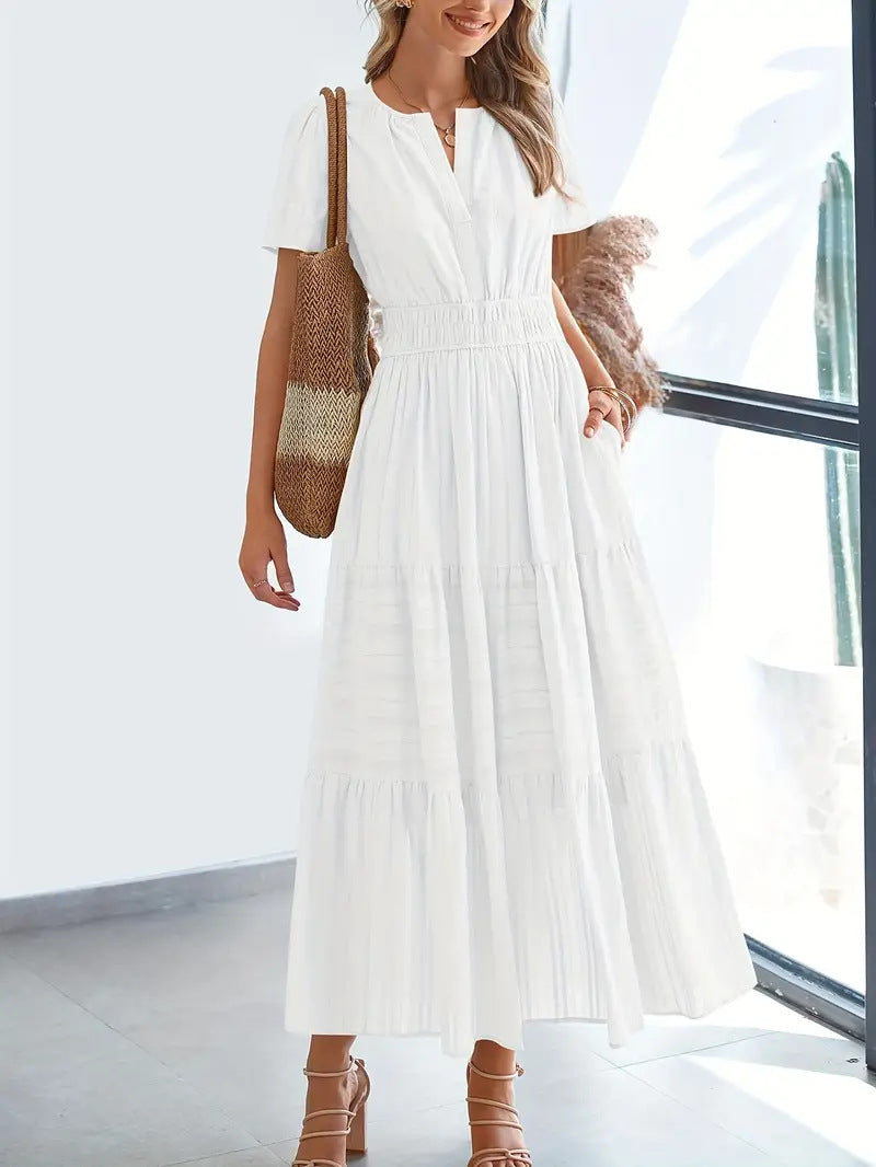 Women’s Maxi Dress – V-Neck – Puff Sleeve – Ruched Waist – Soft A-Line Fit