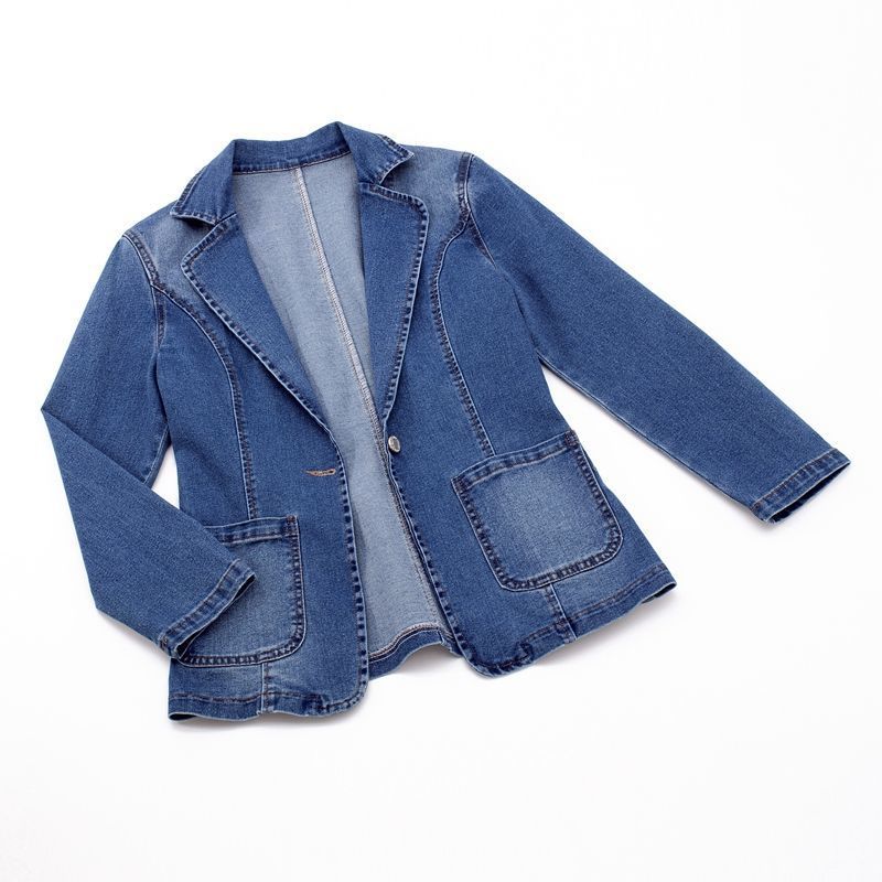 Women's slim fit denim jacket with suit collar and one button