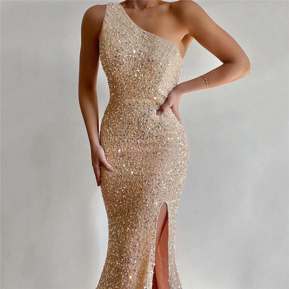 Women’s One-Shoulder Evening Dress – Sequin Embellished – Slim Fit – Side Slit