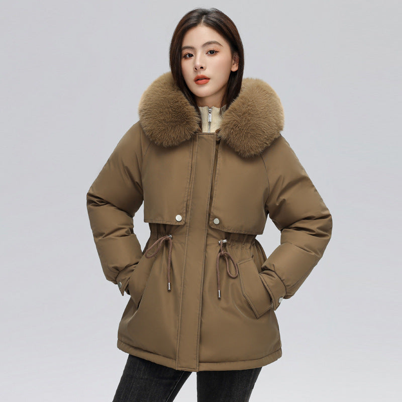women's winter jacket with drawstring waist and fur collar