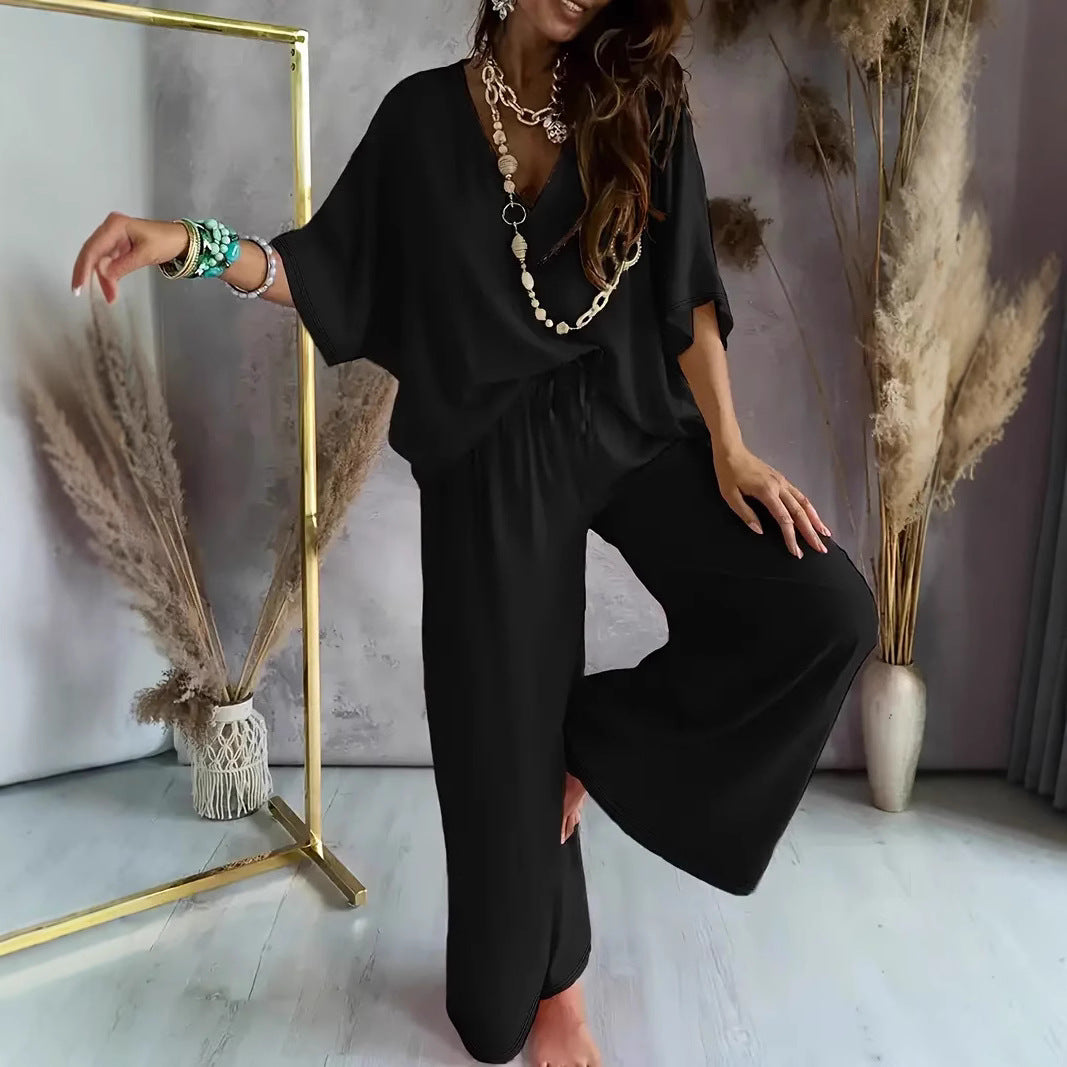 Women’s Matching Set – V-Neck Top and Wide-Leg Pants – Relaxed Fit – Breathable Blend
