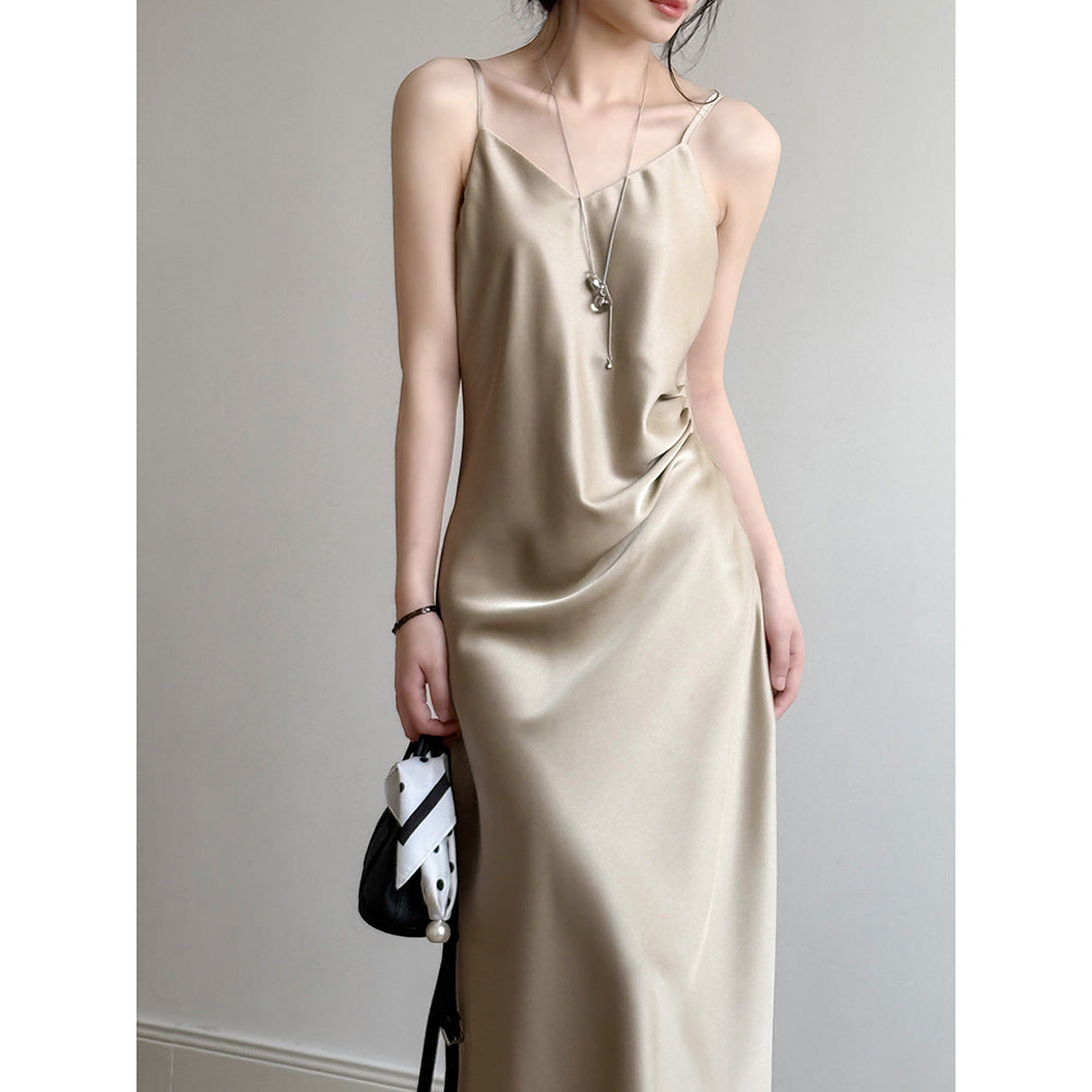 Women’s Camisole Dress – Satin Fabric – Full Length – A-Line Draped Fit – Spaghetti Strap