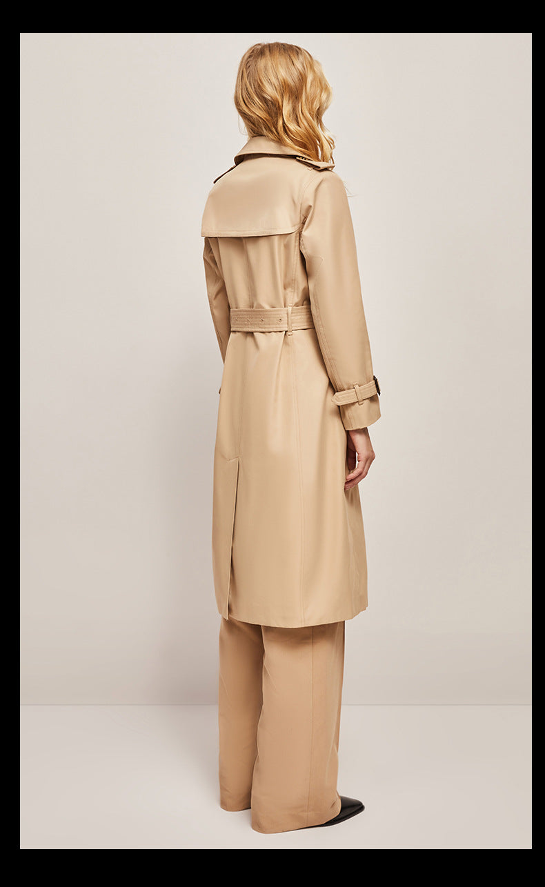 Women's waist-cinched windbreaker trench coat