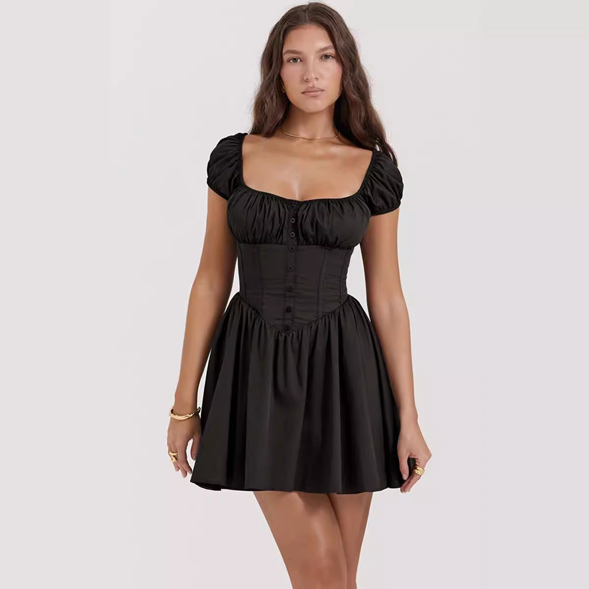 Women’s Mini Dress – Slim Fit – Puff Sleeve – Square Neck – Button Front