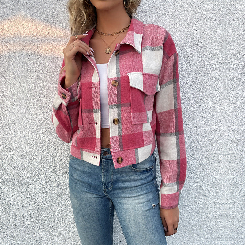 Women's single-breasted plaid lapel jacket