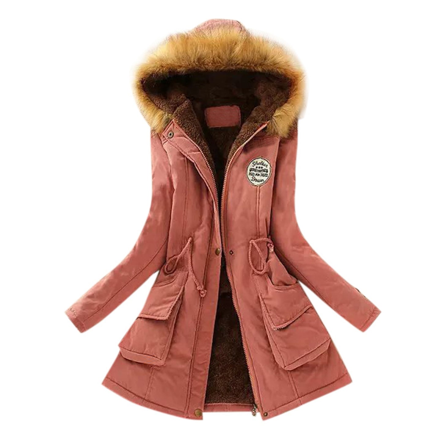 Women's winter waist drawstring fur hooded jacket