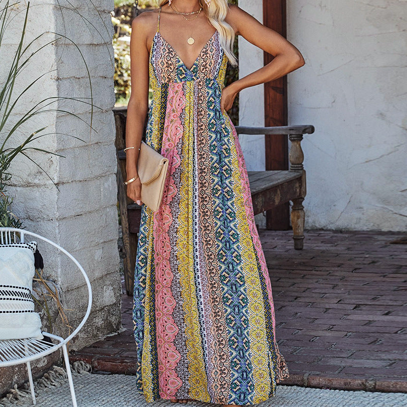 Women’s Maxi Dress – V-Neck – Open Back – Spaghetti Straps – Flowy Cotton Blend