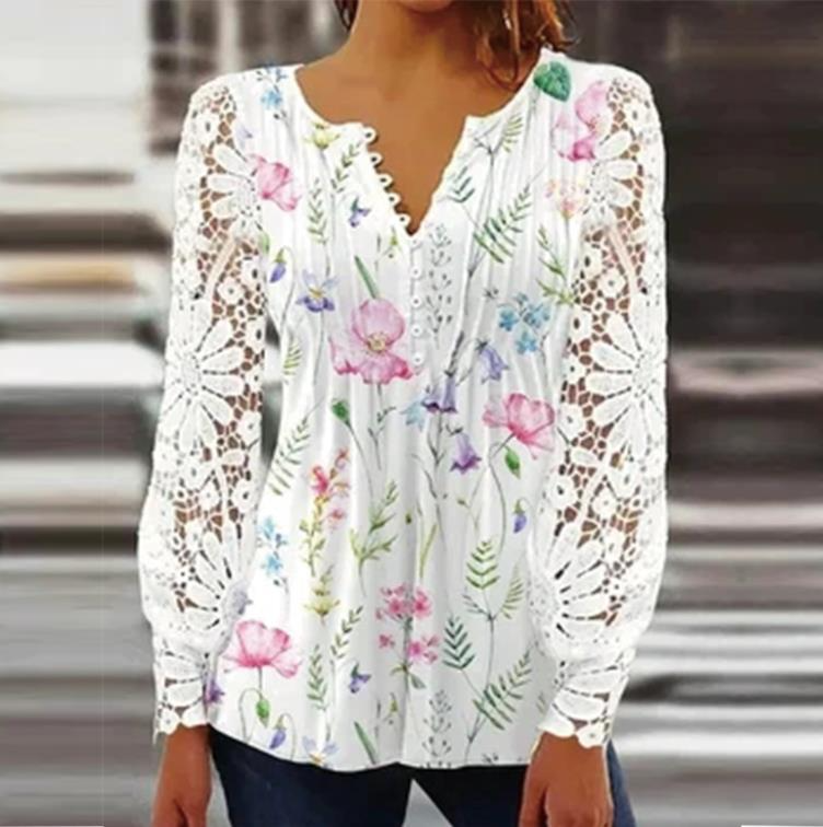 Lace Sleeve Relaxed Fit Pleated Blouse