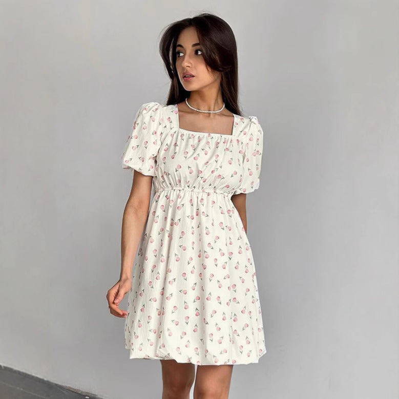 Women’s A-Line Dress – Floral Print – Puff Sleeves – Square Neck – Mini Length