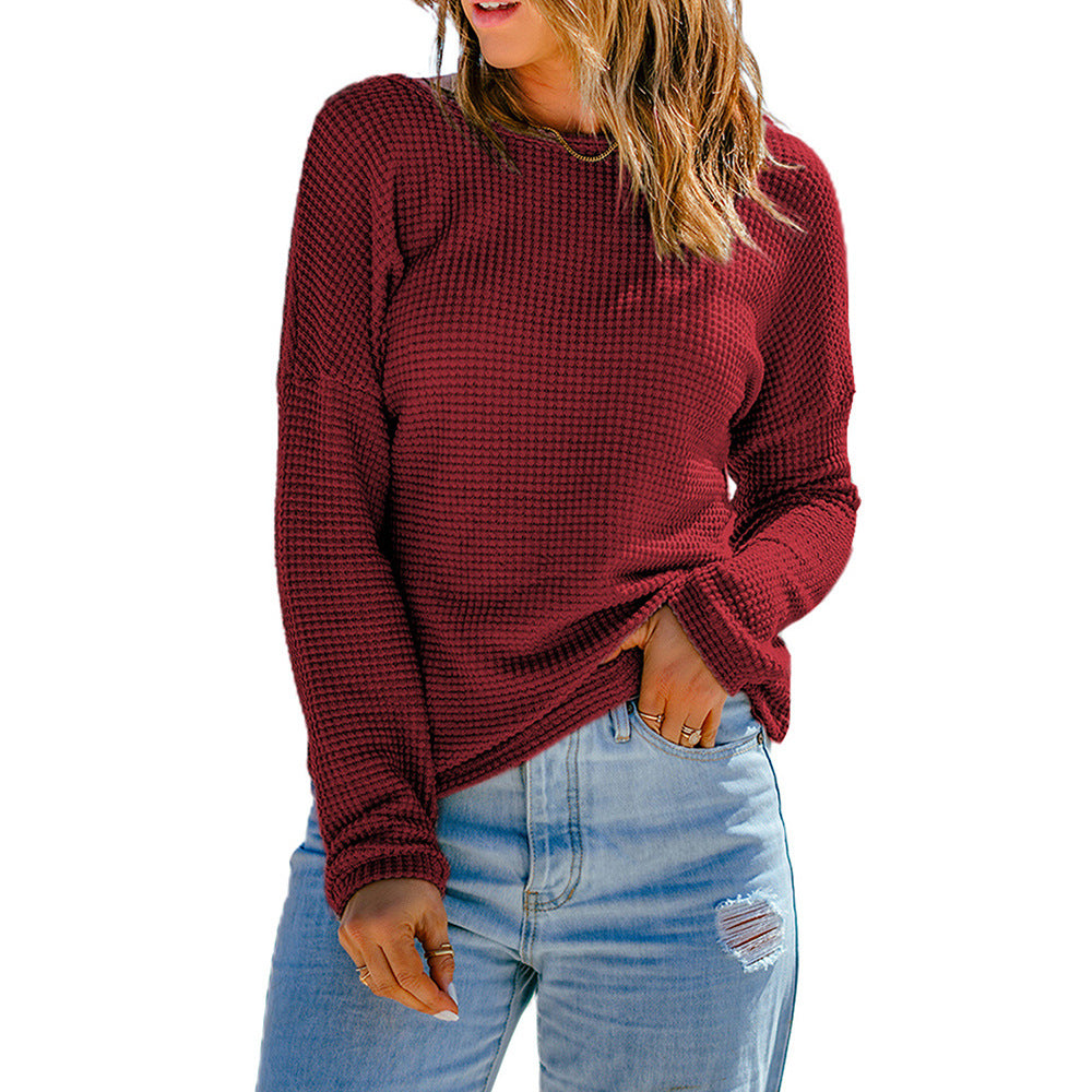 Women’s Long Sleeve Top – Waffle Knit – Relaxed Fit – Drop Shoulder – Ribbed Cuffs