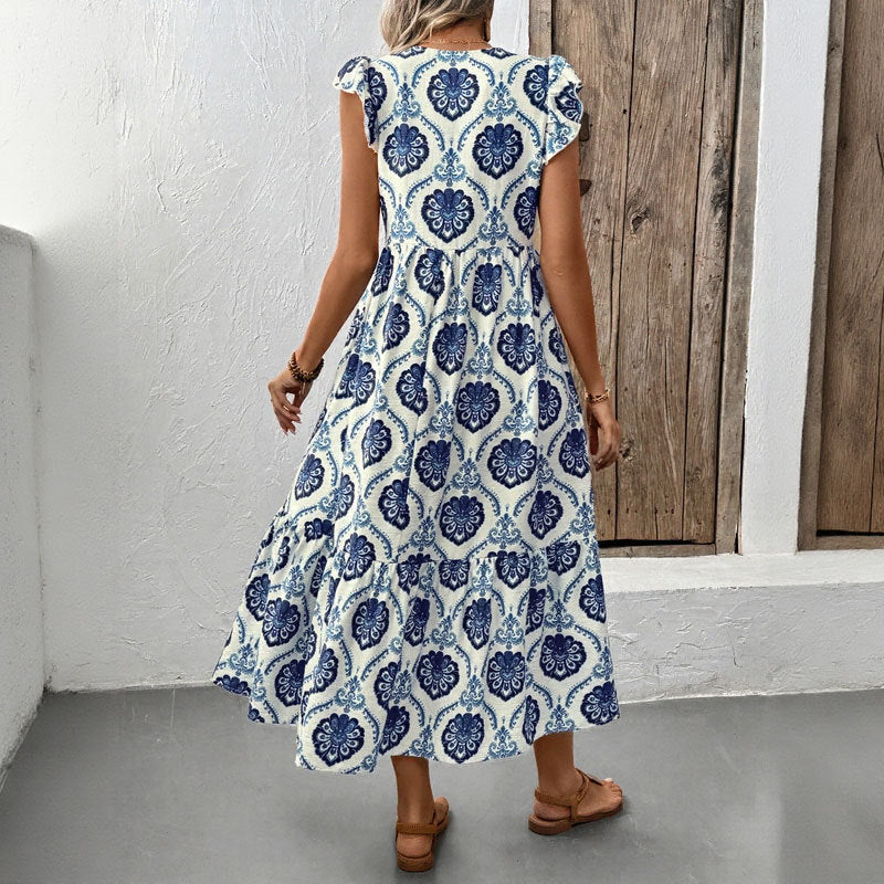 Women’s Long Dress – Cotton Blend – Loose Fit – Deep V-Neck – Flutter Sleeve – Tiered Skirt – Floral Print