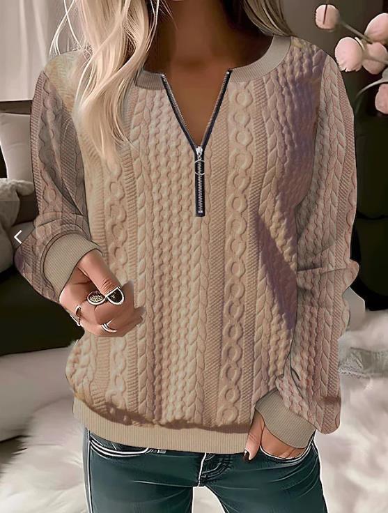Women’s Sweater – Wool Blend – Cable Knit – Relaxed Fit – Zip Neckline – Ribbed Trim
