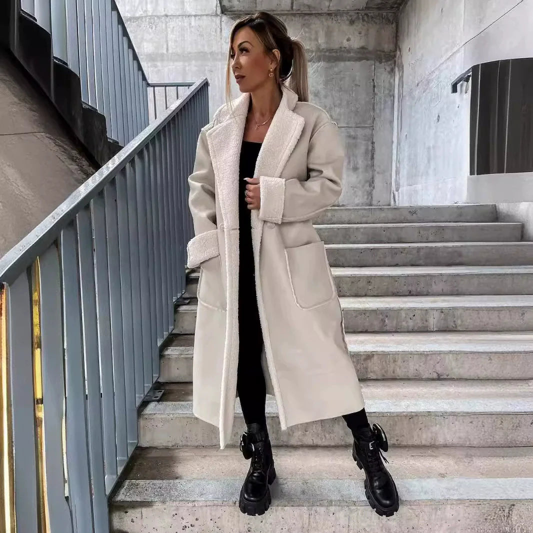 Women’s Long Coat – Oversized Fit – Faux Leather – Plush Trim – Tie Waist – Full Length