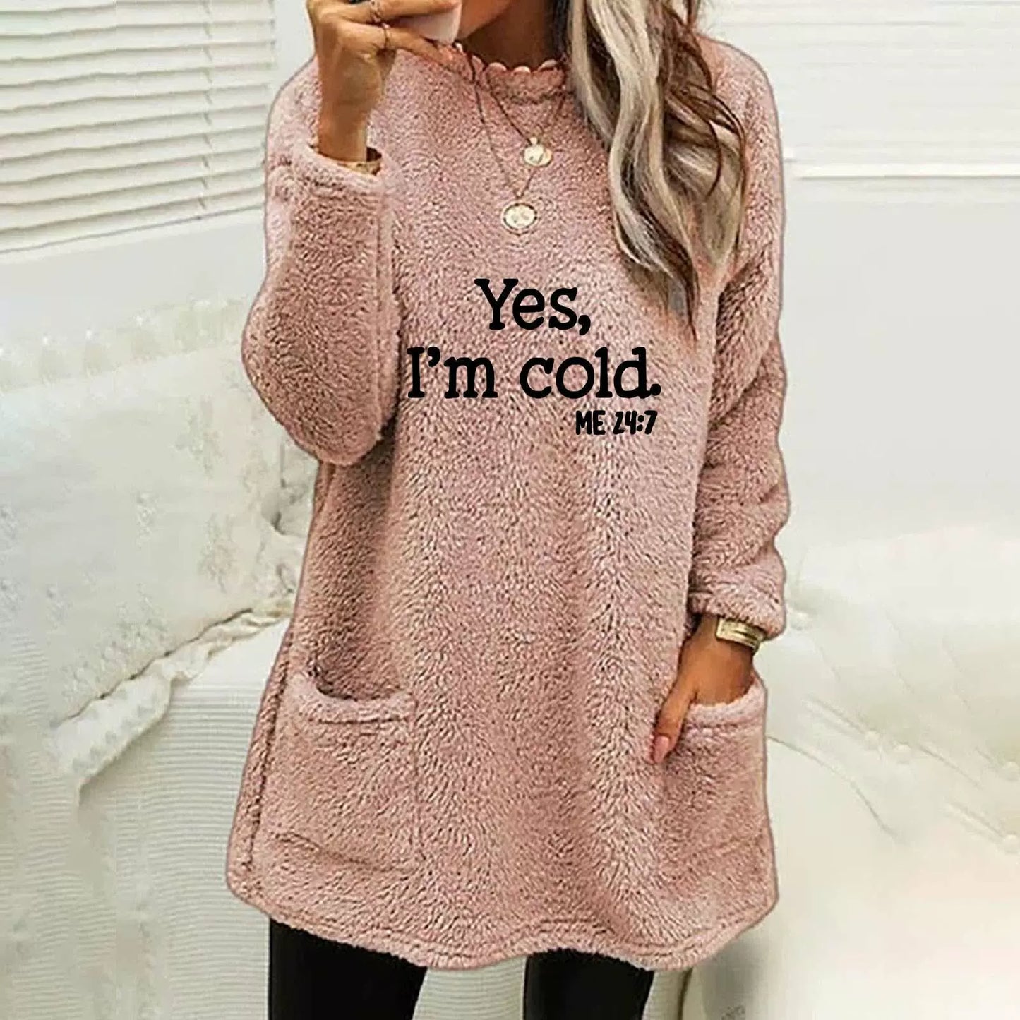 Women’s Oversized Sweatshirt – Double-Sided Fleece – Letter Print – Long Sleeve – Pockets