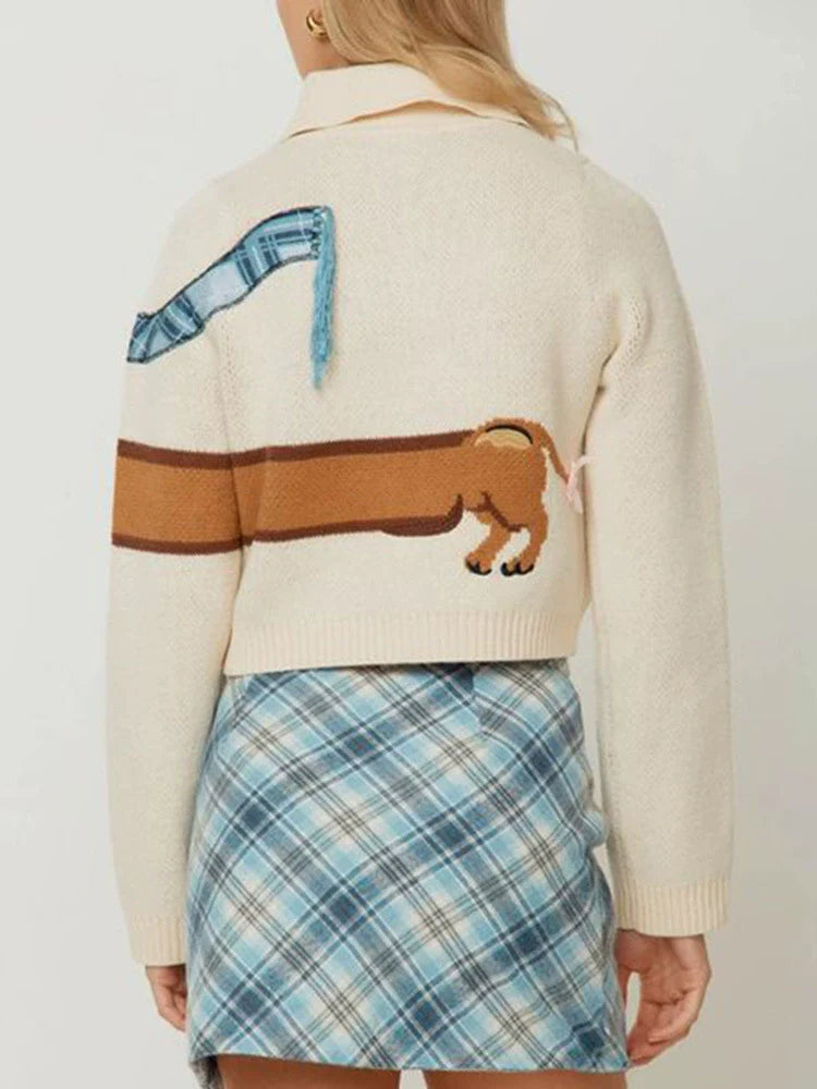 Women’s Cardigan Sweater – Cropped Fit – Knitted – Button Front – Dachshund Graphic
