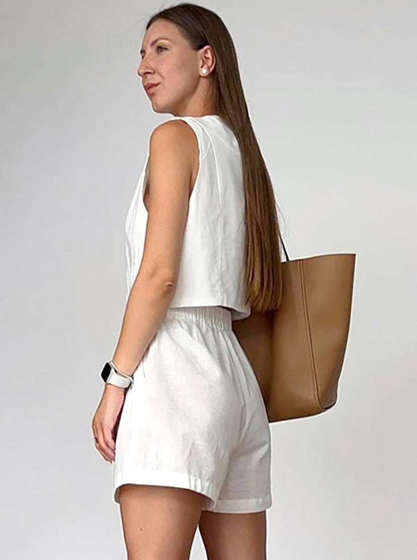Women's Sleeveless 2-Piece Set - Button-Up V-Neck - Lightweight Tailored Fit