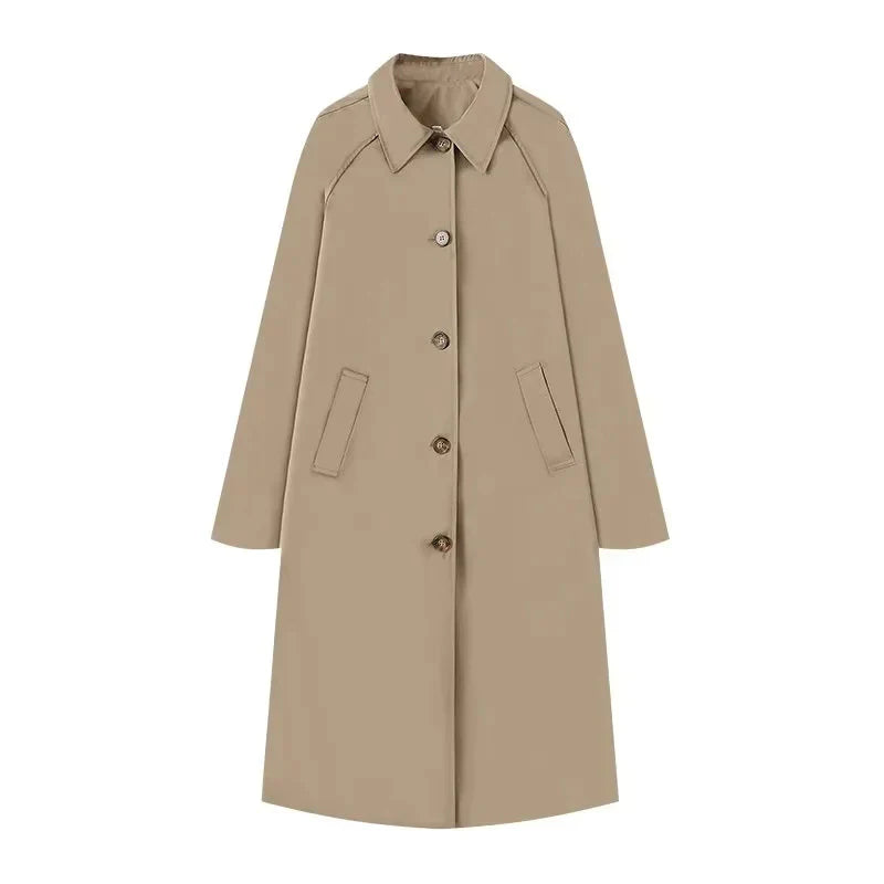 Women’s Coat – Relaxed Straight Fit – Midi Length – Raglan Sleeves – Point Collar