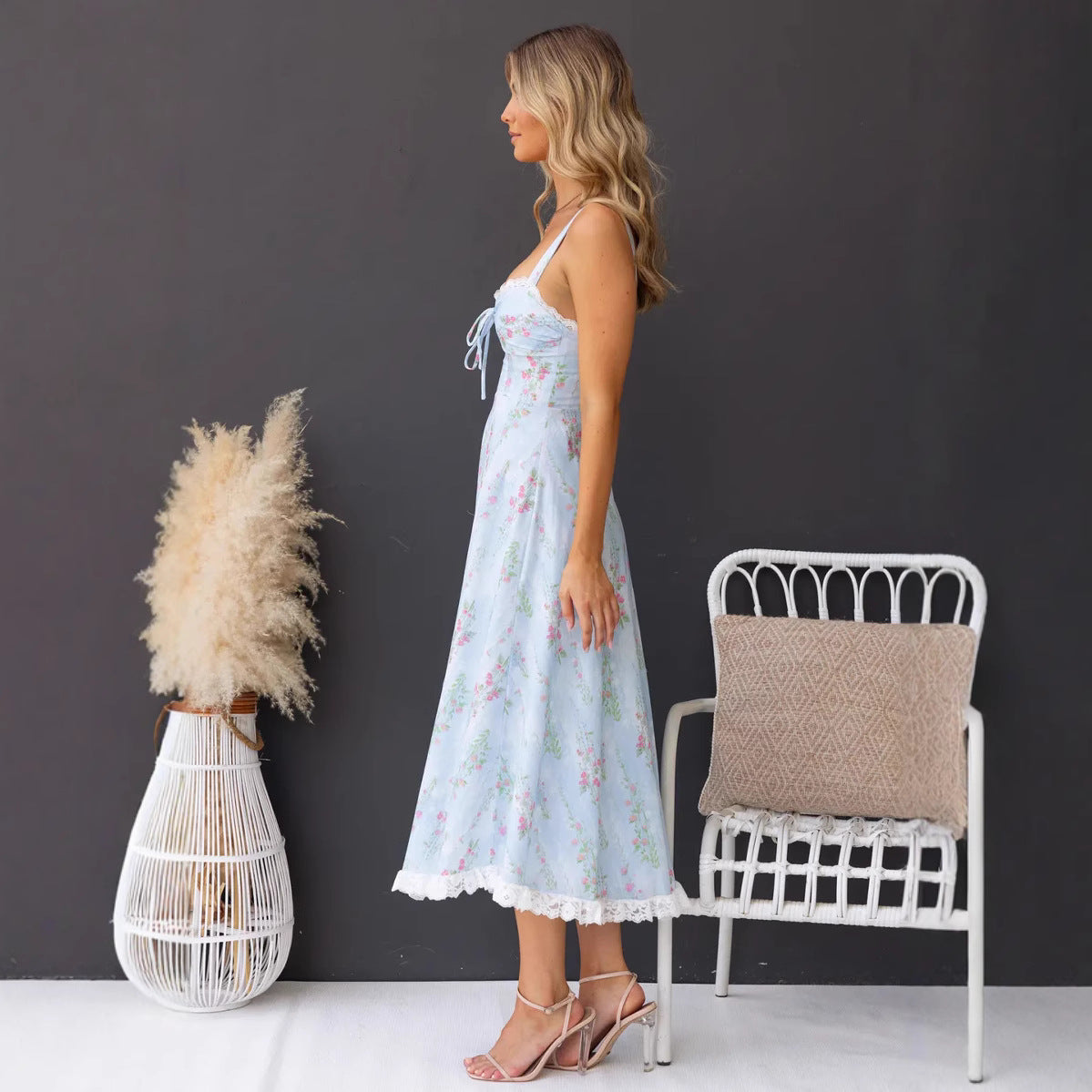 Women’s Midi Dress – A-Line Fit – Spaghetti Strap – Floral Print – Lace Trim