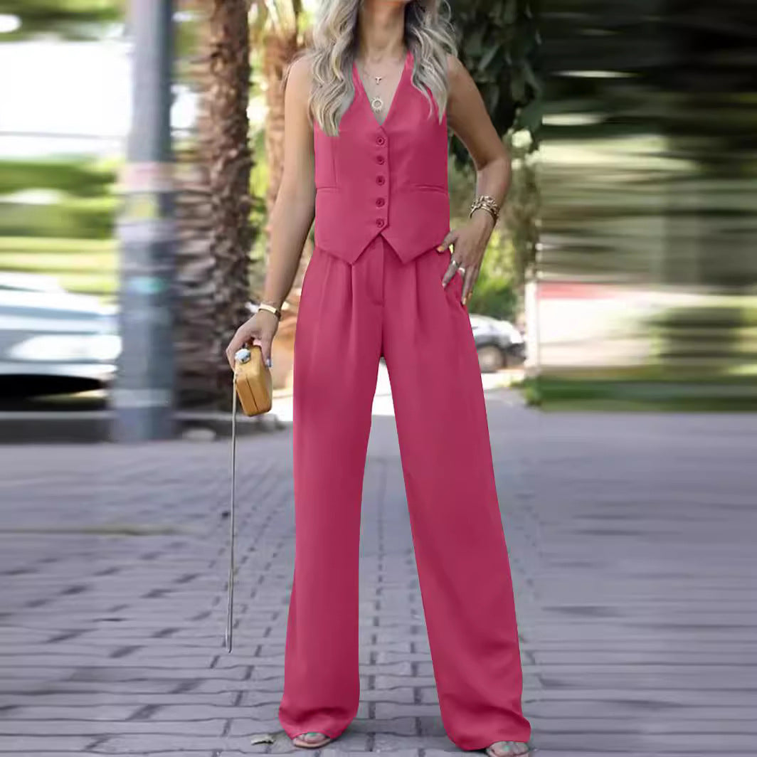 Women's sleeveless v neck vest with wide leg pants set