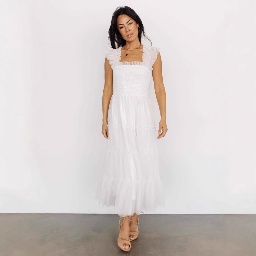 Women’s Midi Dress – Smocked Bodice – Tiered Mesh Skirt – Ruffled Sleeveless Design