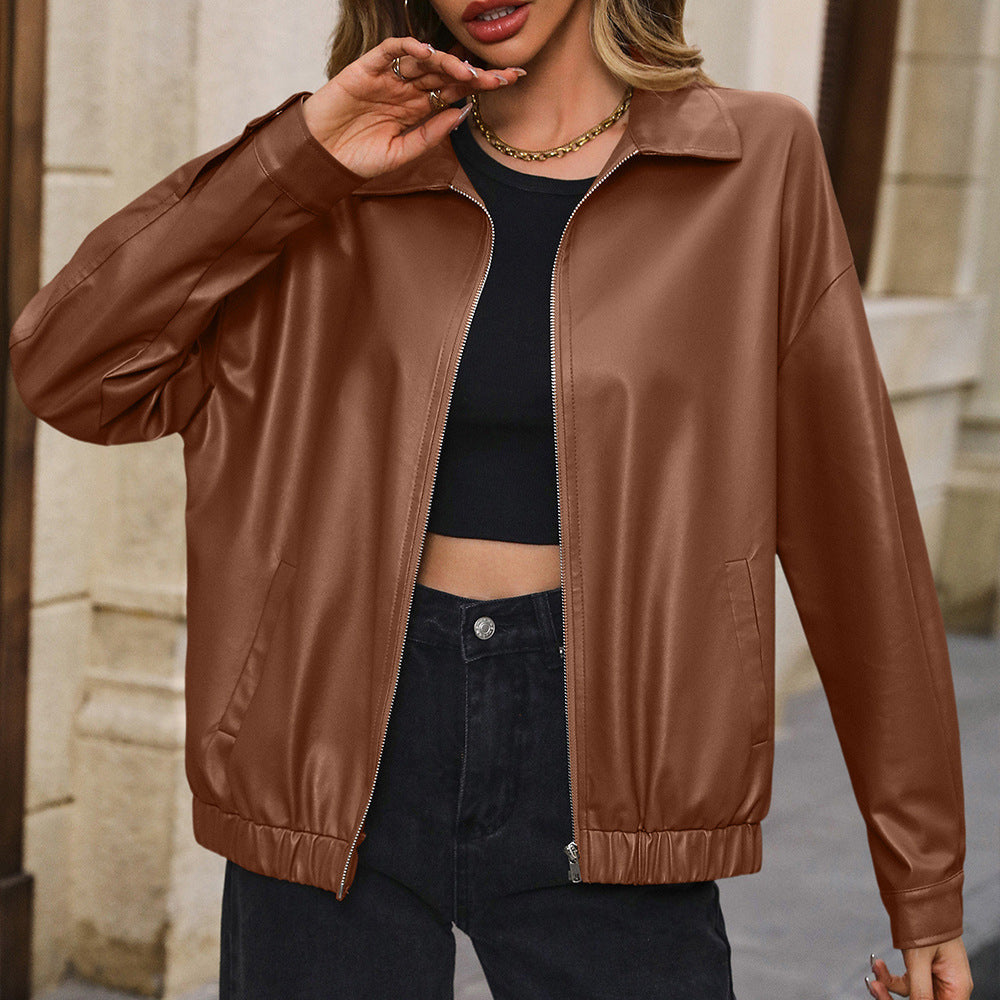 Women’s Biker Jacket – PU Leather – Cropped – Relaxed Fit – Zip Front – Snap Cuffs