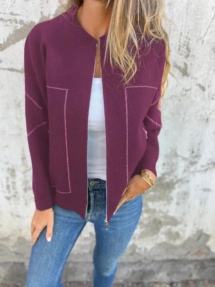 Women’s Jacket – Wool Blend – Relaxed Fit – Zipper Front – Side Pockets – Hip Length