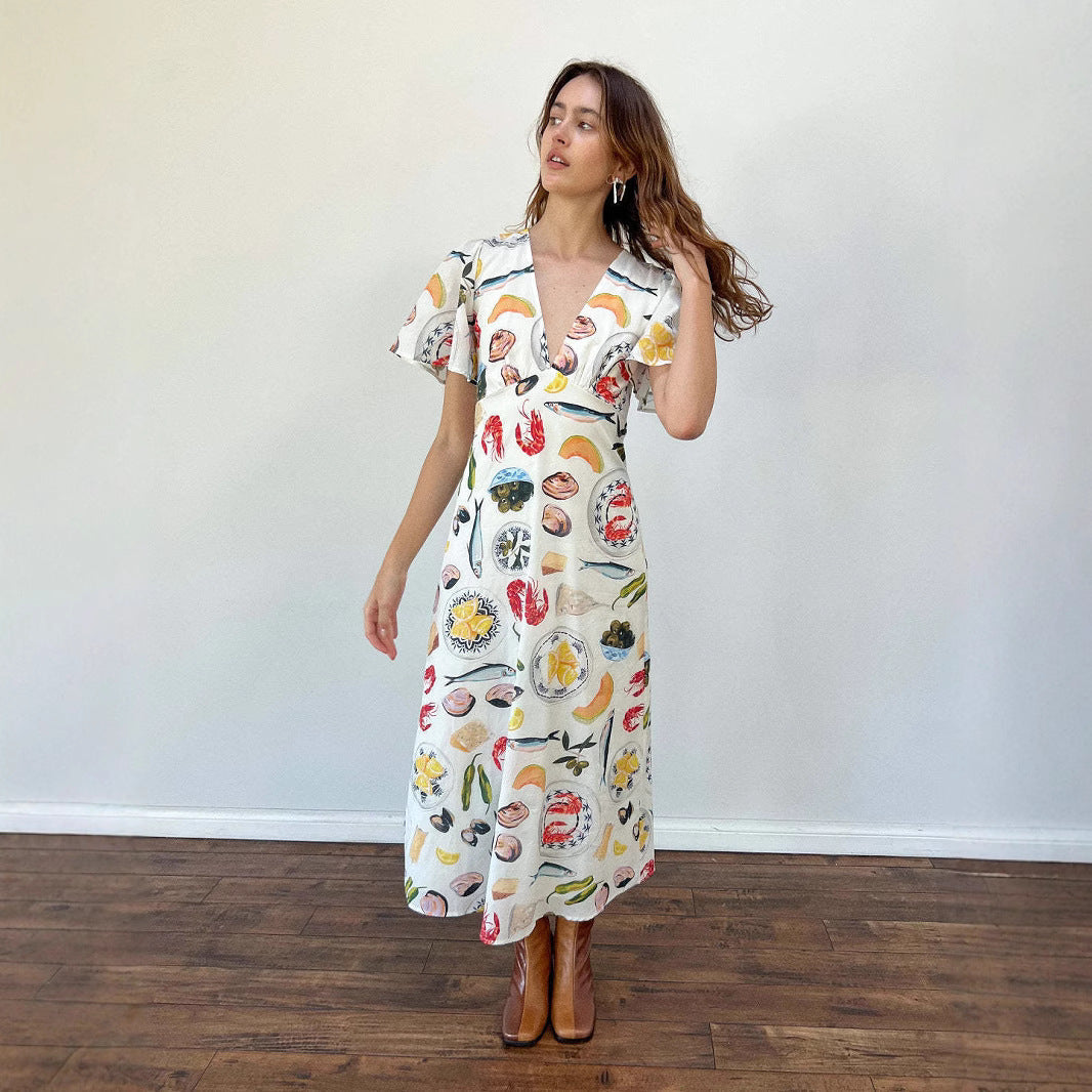 Women’s Midi Dress – Linen Fabric – Loose Fit – V-Neck – Short Sleeve Printed Style