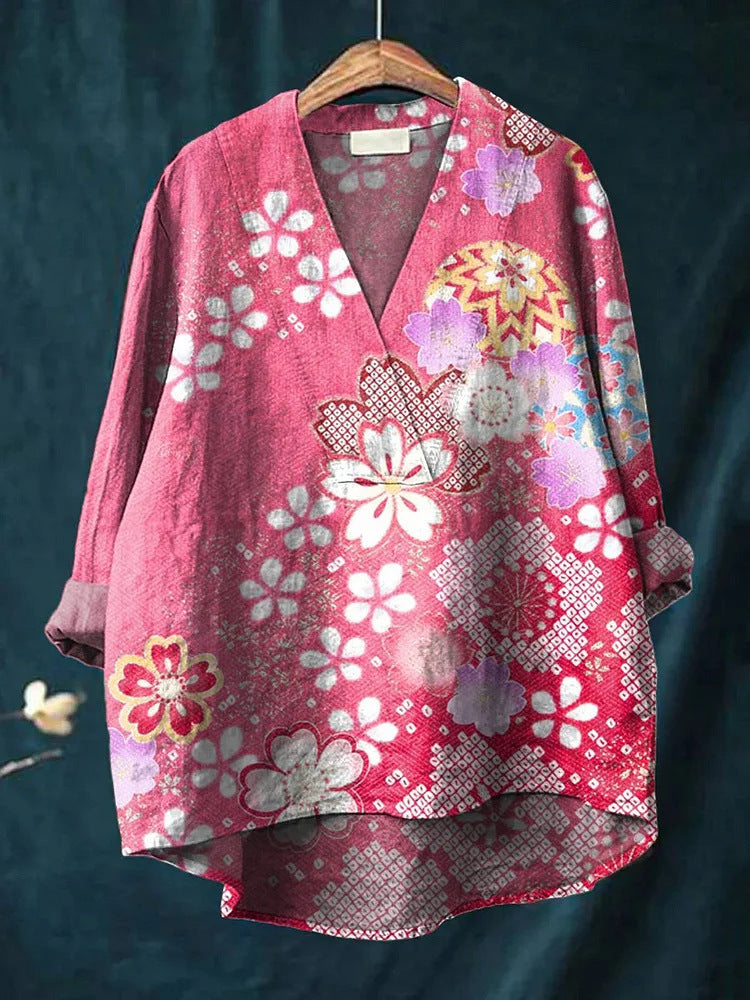 Women’s Long Sleeve Shirt – Relaxed Fit – V-Neck – Rolled Sleeves – Digital Print