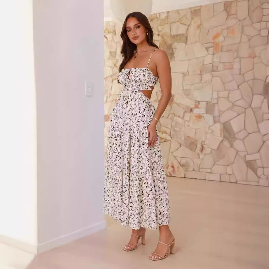 Women’s Maxi Dress – Fitted Bodice – V-Neck – Sleeveless – Side Cut-Outs – A-Line Skirt