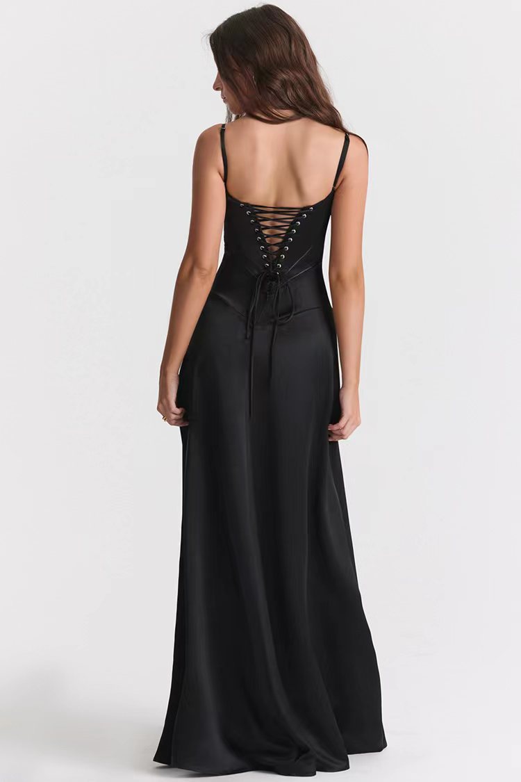 Women’s Evening Gown – Satin Finish – Spaghetti Strap – Open Back – Floor Length