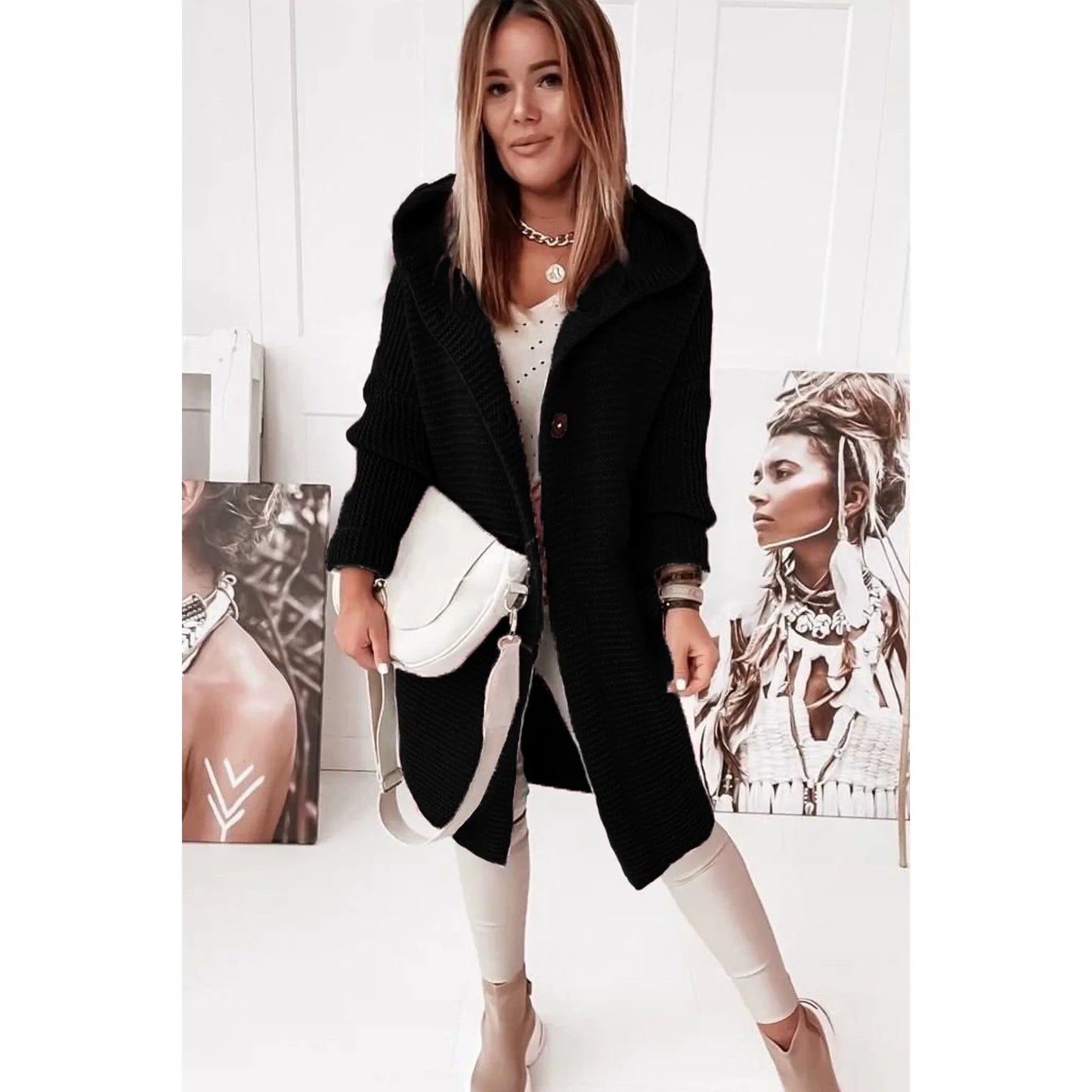 Women’s Hooded Cardigan – Ribbed Knit – Loose Fit – Long Line – Button Front